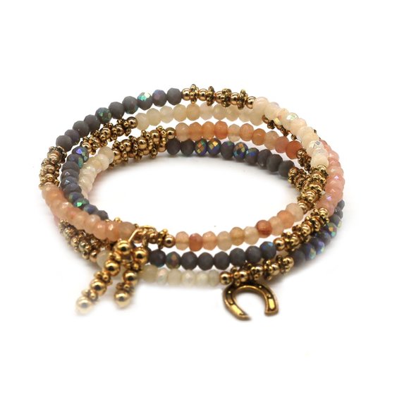 Memory wire bracelet with pink and gray bead combination with a charm. - Picture 3 of 3